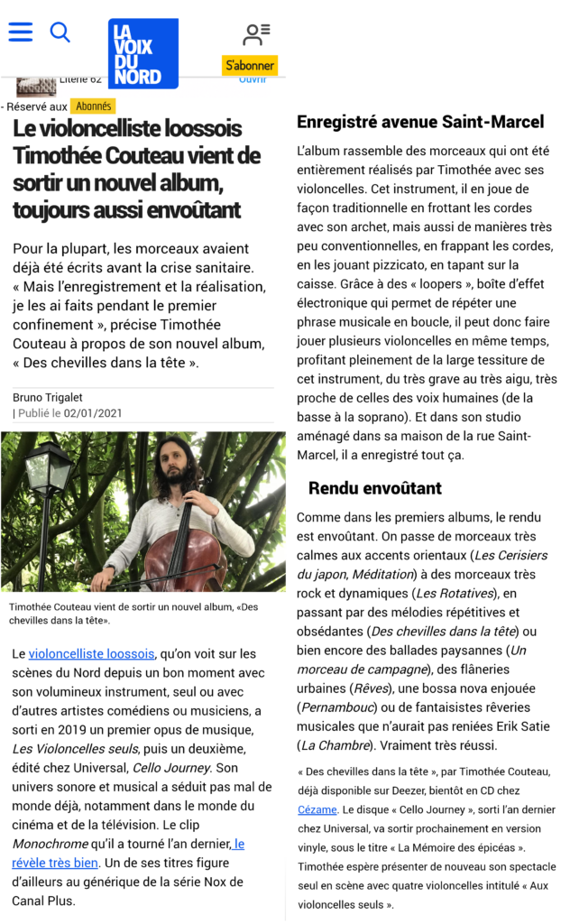 Un nouvel album, toujours aussi envoûtant
La Voix Du Nord
Comme dans les premiers albums, le rendu est envoûtant. On passe de morceaux très calmes aux accents orientaux (Les Cerisiers du japon) à des morceaux très rock et dynamiques (Les Rotatives), en passant par des mélodies répétitives et obsédantes (Des chevilles dans la tête) ou bien encore des ballades paysannes (Un morceau de campagne), des flâneries urbaines (Rêves), une bossa nova enjouée (Pernambouc) ou de fantaisistes rêveries musicales que n’aurait pas reniées Erik Satie (La Chambre). Vraiment très réussi.
La voix du nord, 02 janvier 2020.